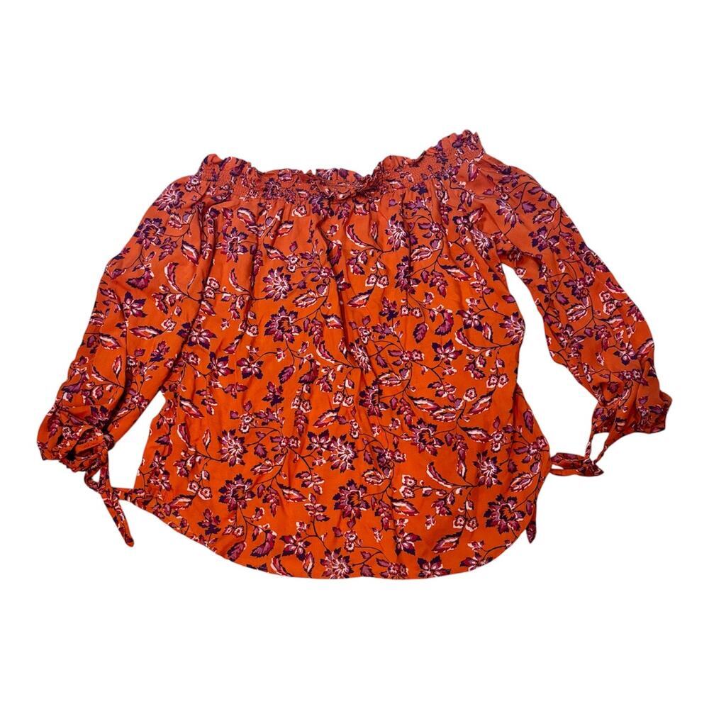 Beach Lunch Lounge Off Shoulder Orange/Purple Boho Floral Top Size Large
